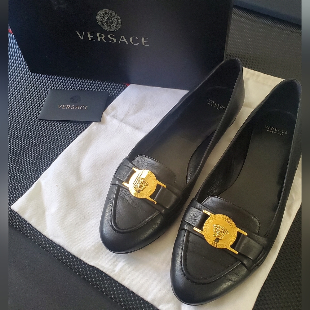 Versace black leather flats with gold Medusa head medallion
